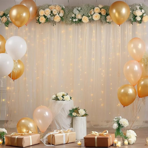 10x10ft Champagne Tulle Backdrop Curtain with Lights String for Parites, Sheer Backdrop Curtains for Wedding Baby Shower Birthday Party Photo Shoot Decorations