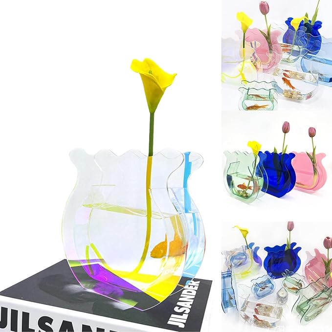 Acrylic Fish Bowl Flower Vase for Small Fish or Plant, Iridescent Dual-Use Decorative Vase for Home or Office Desk, Modern Rainbow Acrylic Bud Design Décor (Iridescent, Regular Size)