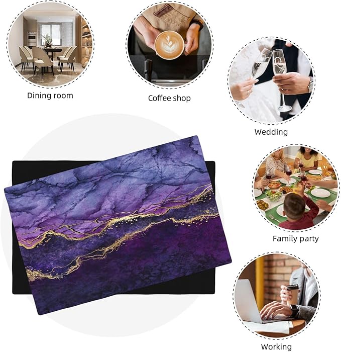 Purple Marble Placemats, Abstract Elegant Art Marble Floral Art Accents Print Washable Fabric Placemats Table Kitchen Dining Party 12x18 Inch Set of 4