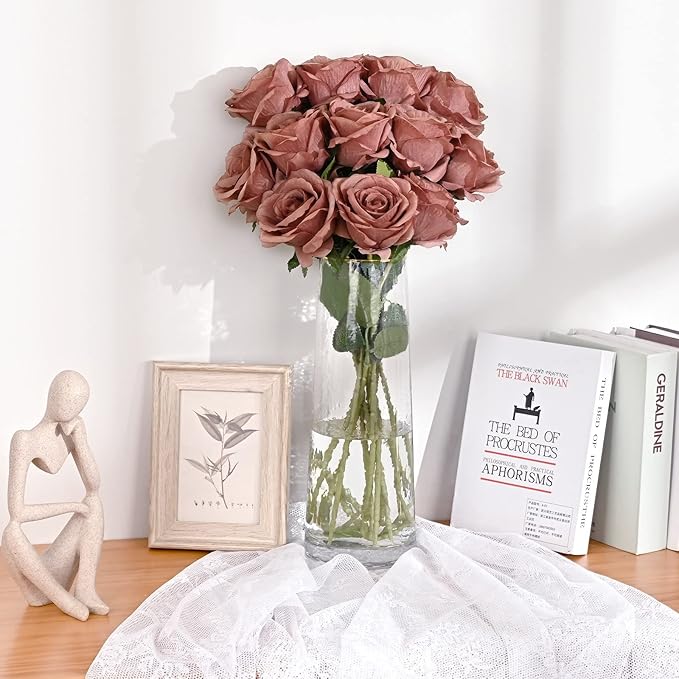 Waipfaru 12 Pcs Artificial Flowers Fake Silk Dusty Roses, Faux Real Touch Roses Bouquet with Long Stem for Wedding Party Home Decor (Dusty Rose)