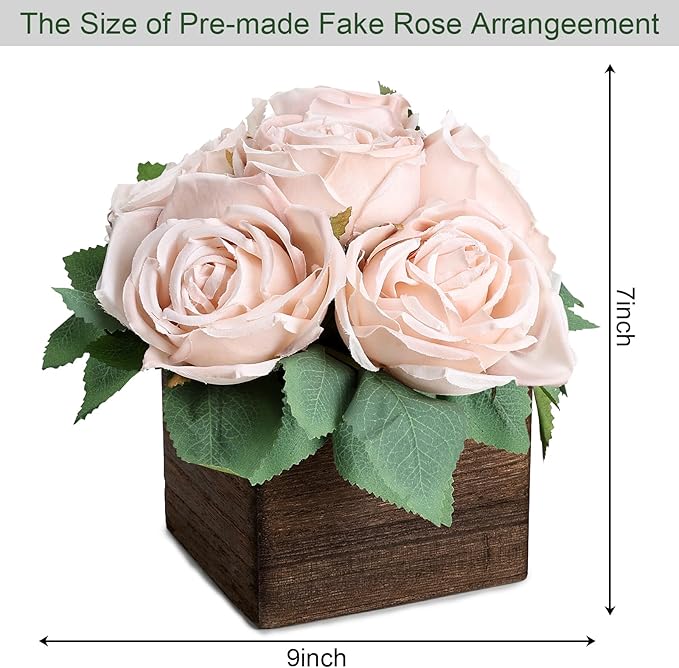 Dining Table Centerpiece Set of 6 - Pre-Made Aritifial Rose with Wooden Vase Fake Floral Arrangment Faux Flower for Wedding Bridal Tea Party Event Decorations - Boho