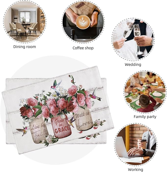 Rose Flower Placemats Set of 6 Farmhouse Peony Floral Table Mats Washable Place mats for Home Party Indoor Kitchen Dining Table Decoration 12x18 Inch