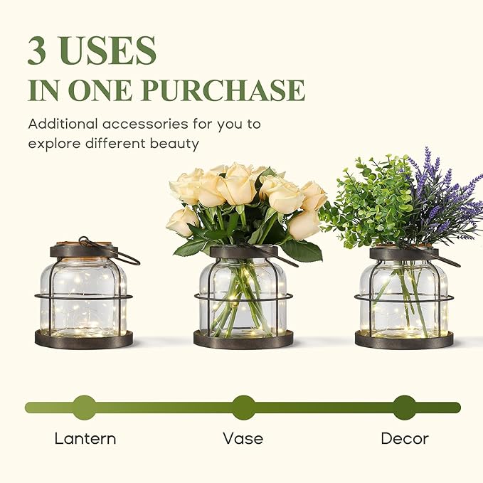 Vintage Farmhouse Lantern Decor LED Lighted Vase, Rustic Glass Vase with Artificial Flowers 4pcs Lavenders & Eucalyptus, Farmhouse Table Centerpiece for Floral Arrangements-Hidden Switch Lid