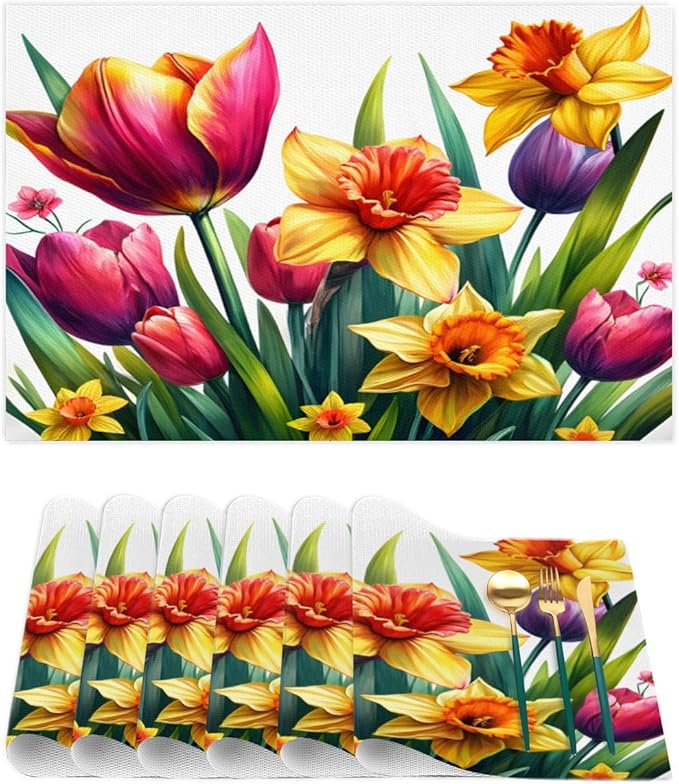 Spring Beautiful Flower Placemats Set of 6 PVC Vinyl Non Slip Table Mats Waterproof Heat Resistant Place Mats Washable Wipeable Dining Table Mat for Kitchen Party Indoor Outdoor Decorative
