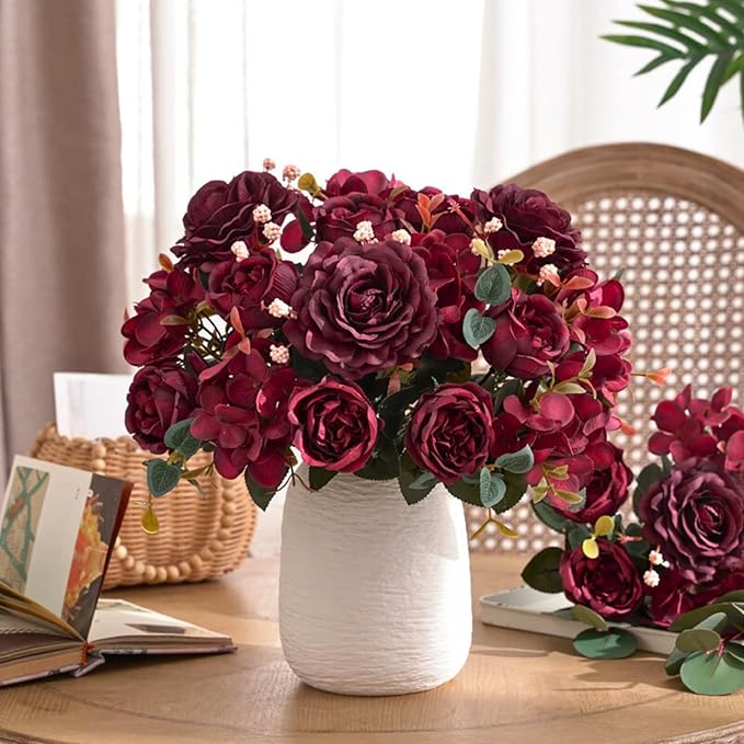 ASTRYAS 8Pcs Artificial Peonies Silk Flowers Fake Peony Bouquet Faux Peonies Flowers Bulk for Decoration Vase Florals Arrangements Wedding Home Party Table - Burgundy Red