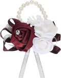 MECCANIXITY Wrist Corsage Artificial Flower Bracelets Rose Wrist Bride Groom Decorative for Wedding Ceremony Prom Party Anniversary Wine Red
