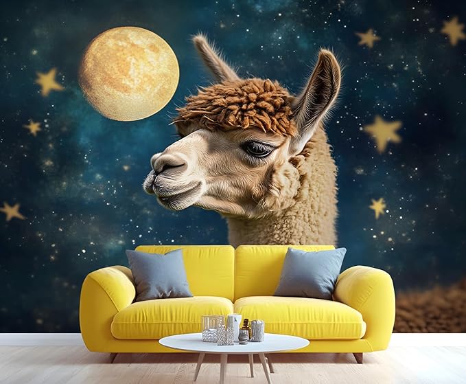 Starry Sky Alpaca Wall Mural, Dreamy Galaxy Moon Alpaca 3D Wall Murals, Cute Animal Wallpaper Mural, for Living Room Bedroom Large Wallpaper Indoor Decor 59" W x39.4 H