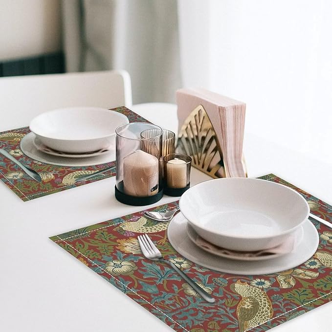 William Morris Floral Placemats Set of 6, Vintage Flower Strawberry Birds Red Place Mats, Heat Resistant Non Slip Cotton Linen Dining Table Mats for Home Kitchen Party 18x12 Inch