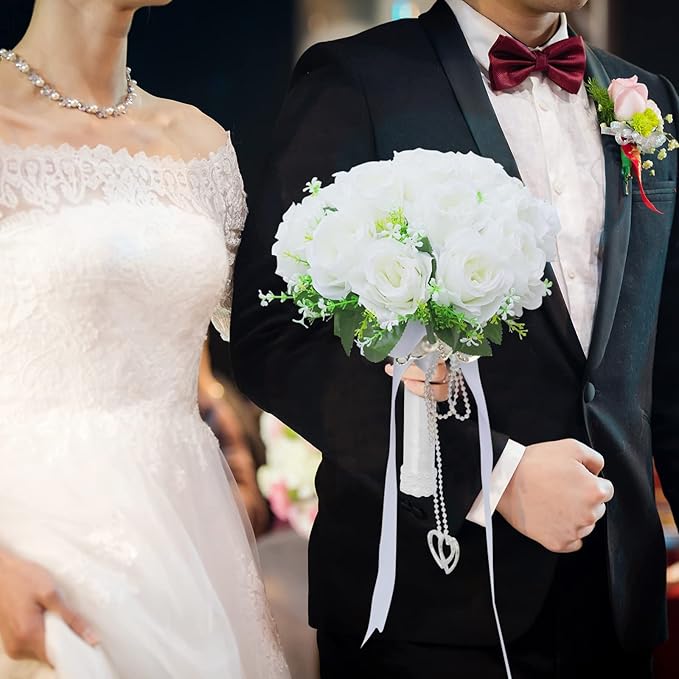 Wedding Bouquets for Bride, White Bridal Bridesmaid Wedding Flowers with Silk Ribbon and Rhinestones, Artificial Toss Rose for Civil Ceremony