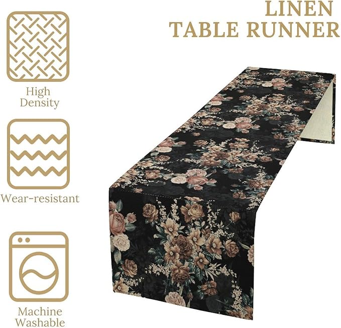 Dark Floral Table Runner, Orange Blossoming Flower Bunch Rose Gothic Black Wildflowers Table Runner for Farmhouse Kitchen Dining Table Decor, 13x120inch