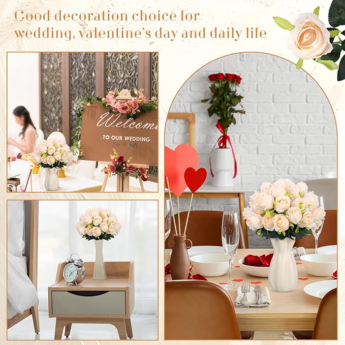 Hotop 40 Pcs Rose Artificial Flowers Bulk with Long Stem,Realistic Silk Fake Roses Bouquet for Home Wedding Centerpieces Party Table Decoration Valentines Gifts(Cream)