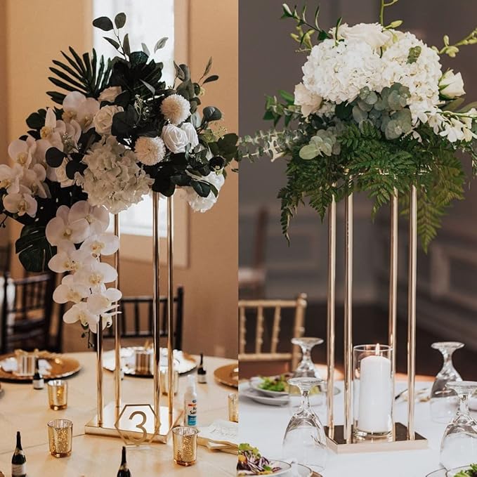 Set of 2 Wedding Centerpieces Geometric High Gold Vases - 31.5" Artificial Flower Display Stand for Wedding Christmas Carnival Party Dinner Event Hotel Home Decor Arrangement