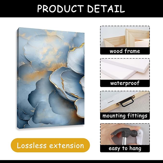 Kewhush Blue Wild Rose Canvas Wall Art, Floral Canvas Prints, Flower Blooming Set of 3 Pictures, Rose Wall Decor, Gold Accent Decor, Modern Artwork for Living Room, Bedroom (16" x 24" x 3 pcs)