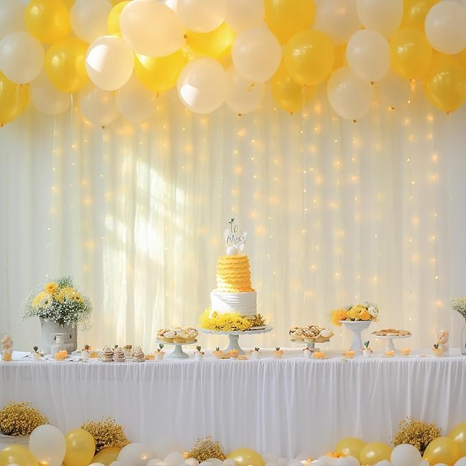 10x10ft Ivory Tulle Backdrop Curtain with Lights String for Parites, Sheer Backdrop Curtains for Wedding Baby Shower Birthday Party Photo Shoot Decorations