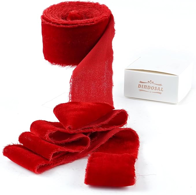 Red Velvet Ribbon for Christmas Decorations 1.5 Inch Raw Edge Rustic Frayed Silk Velvet Ribbon for Gift Wrapping Boho Wedding Vow Books -3yards