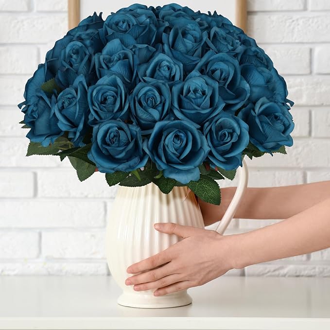 30pcs Fake Roses Artificial Silk Flowers Long Stems Bouquet for Wedding Bridal Shower Party Home Decoration (Teal)