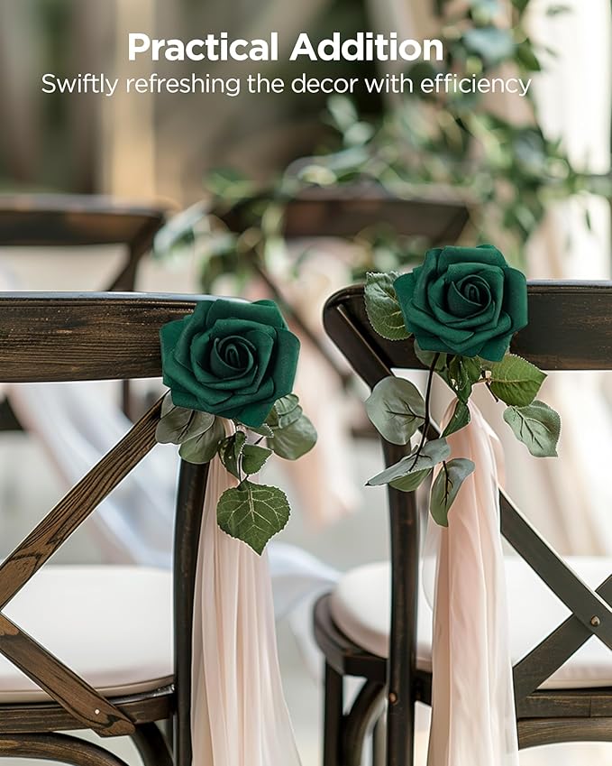 InnoGear Artificial Flowers, 50 Pcs Hunt Green Foam Fake Roses Bulk with Stems for Decoration DIY Wedding Bouquets Centerpieces Bridal Shower Party Valentines Christmas Tree