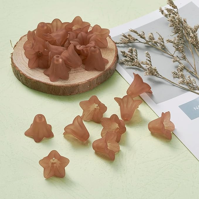 Crafans 50Pcs Frosted Acrylic Flower Beads Chocolate Floral Pendants Trumpet Flower Bead Caps Loose End Spacer Beads for Jewelry Making Supplies 16x12x1.5mm