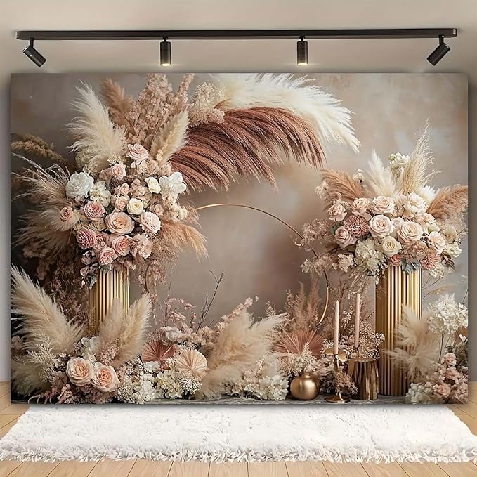 Boho Floral Wedding Backdrop Pampas Grass Flower Curtain Background Wedding Bridal Shower Anniversary Party Decoration Backdrop Newborn Baby Shower Pregnancy Photos Backdrop (7x5feet)
