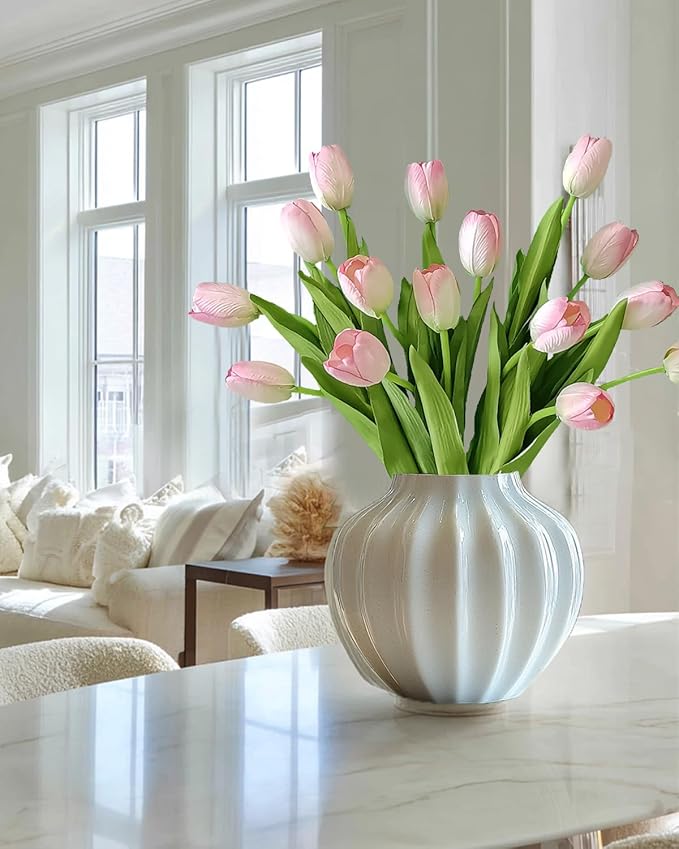 12pcs Pink Artificial Tulips, Real Touch Silk Faux Flowers, 13.8 Inch Stems, for Wedding Home Decor, Mother's Day Easter Gifts, Table Centerpiece Bouquets Arrangements