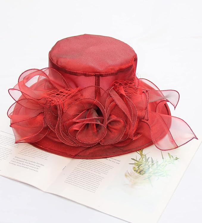 Organza Derby Hats for Women Wide Brim Fascinator Hat Rose Flower Wedding Tea Party Hat