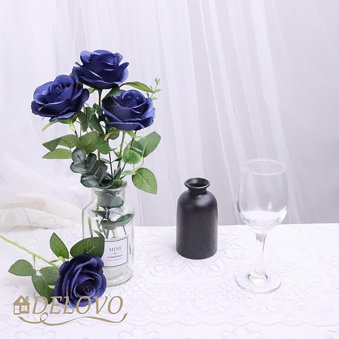 52pcs Navy Blue Roses Artificial Flowers Fake Flowers Silk Roses with Stems for DIY Wedding Bouquets Bridal Shower Centerpieces Arrangements Party Decorations