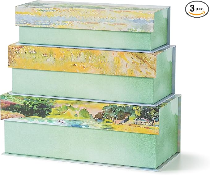 Soul & Lane Decorative Storage Boxes with Lids, Set of 3 Cardboard Boxes for Home Décor and Documents, Memory Organizers for Keepsakes with Magnetic Closure, Photo Storage, Pastoral Tranquility