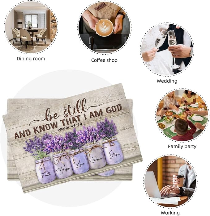 Lavender Spring Floral Placemats Set of 6 Farmhouse Country Rustic Purple Flower Double-Sided Table Mats for Kitchen Dining Room Home Party Indoor Decor 6 PCS 12x18 Inch