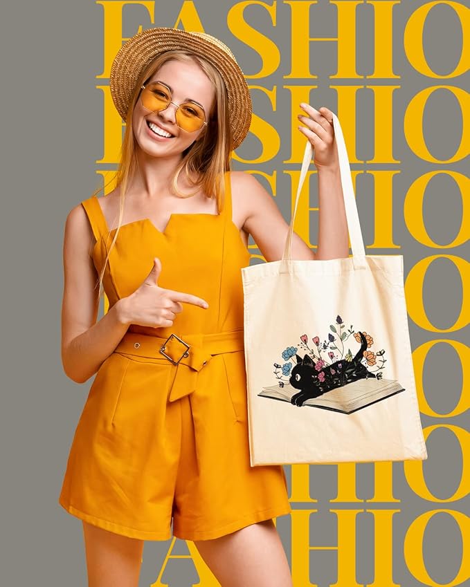AUSVKAI Cute Cat Book Canvas Tote Bag for Women Reusable Cotton Grocery Bag Beach Totes Gift
