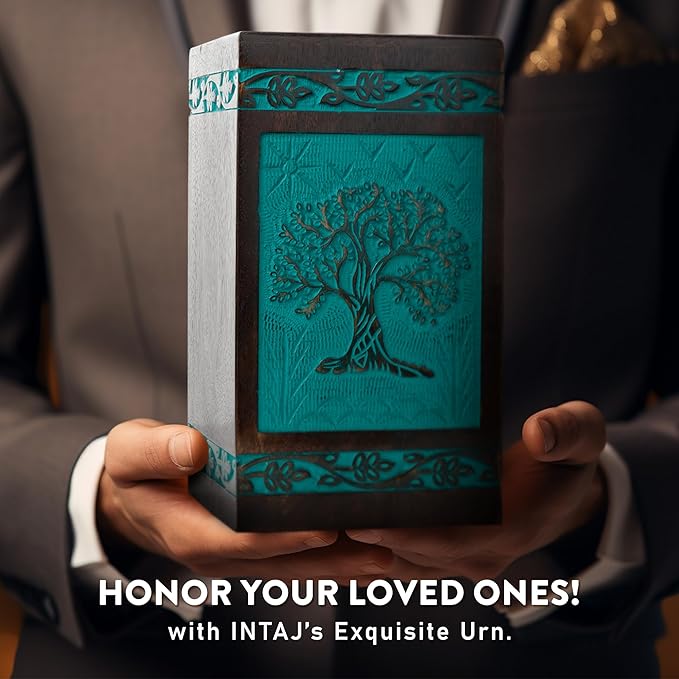 INTAJ Wooden Cremation Urns for Human Ashes - 115 lbs, Handcarved Tree of Life Design, Suitable for Men, Women, Mom, Dad - TSA Approved, Decorative Memorial Urn Box, Green