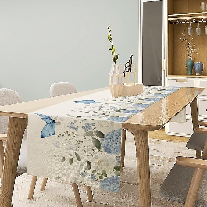 Floral Table Runner, Blue White Flower Butterfly Garden Spring Nature Decoration Table Runner for Kitchen Dining Home Party, 13x60 Inch