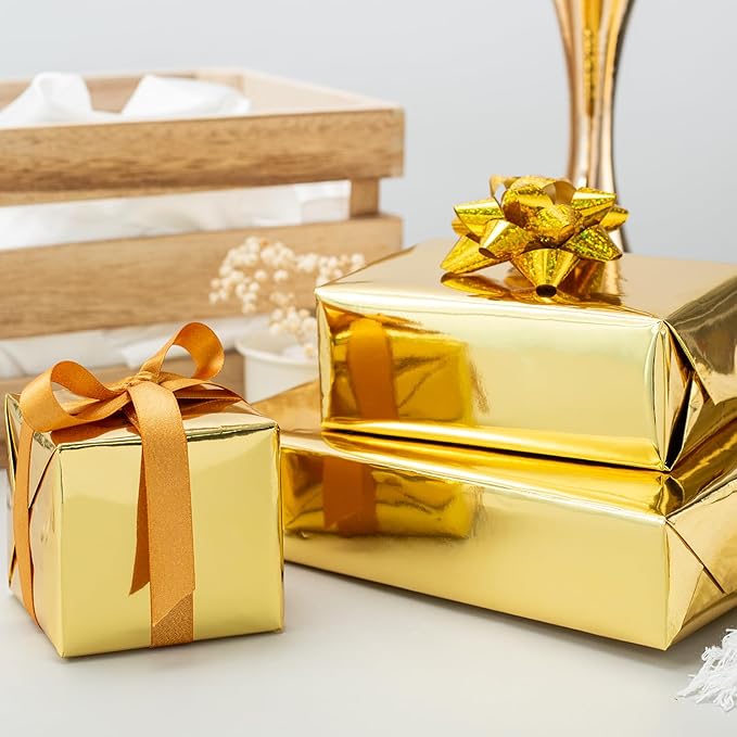 Merture Gold Wrapping Paper Roll - 17 In X 32.8 Ft(46.5 sq.ft.) Metallic Gold Solid Color Gift Wrap with Grid Cutting Lines for Christmas, Wedding, Birthday, Valentines Day, Mothers Day, Baby Shower