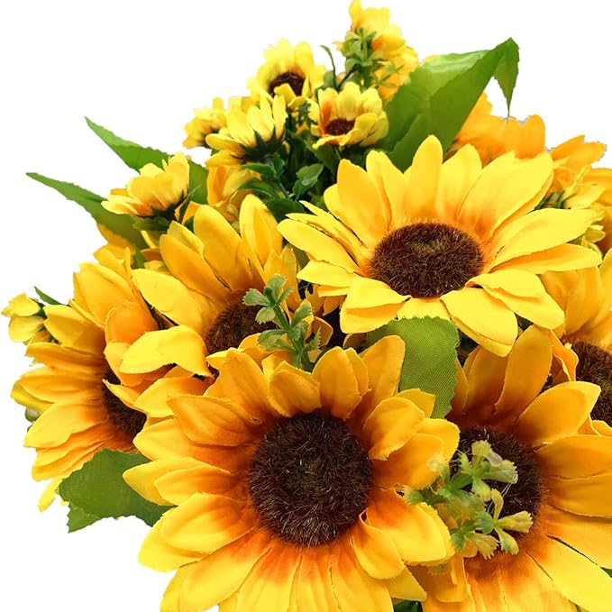 PASYOU Artificial Sunflower Plastic Fake Flowers Sunflowers for Indoor Outdoor Wedding Bridal Bouquet Home Garden Party DIY Wreath Table Arrangement Decoration Pot Planter Filler 4 pcs