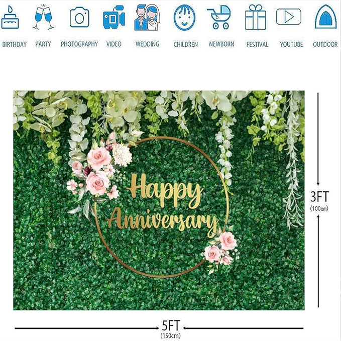 Ticuenicoa 5x3ft Green Grass Wall Floral Happy Anniversary Backdrop for Flower Love Cheers to 10 Years 50th Wedding Birthday Party Supplies Decorations Banner Photo Booth Props Gifts Background