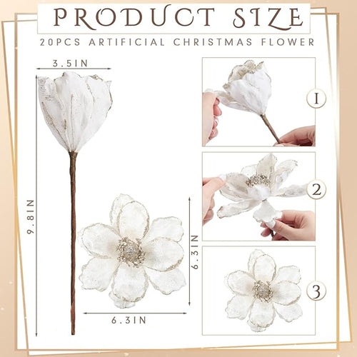 20 Pcs Christmas Glitter Poinsettia Magnolia Flowers Ornaments White Large Heads Artificial Magnolia Flowers for Christmas Tree Xmas Wreath Holiday Wedding Decor