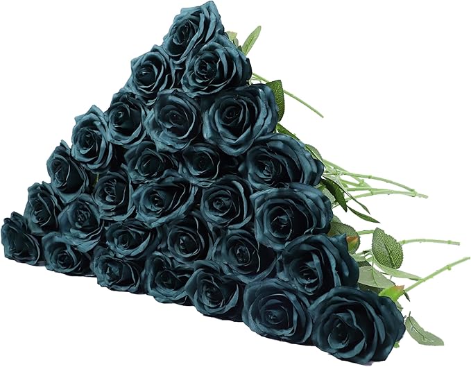 30pcs Artificial Rose Flower Dark Green Rose Emerald Green Flower with Long Stem Silk Roses Bouquet for Wedding Bridal Shower Party Home Decoration