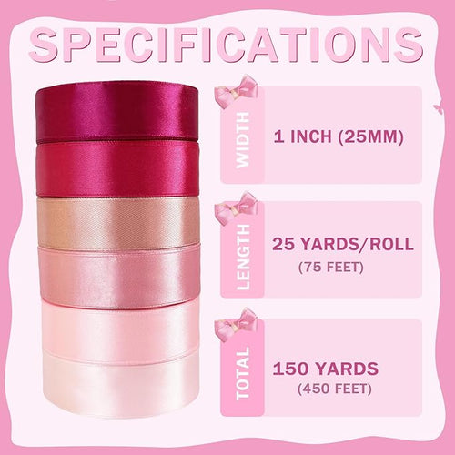 150 Yards Pink Satin Ribbon 1 Inch 6 Rolls Assortment Ribbons for Crafts Gift Wrapping Flower Bouquet Wedding Invitations Birthday Party Festival Decoration Hair Bows