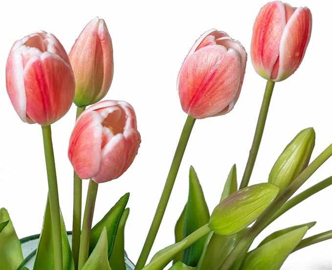 15pcs Artificial Tulips Flowers, Real Touch Latex Bouquet, Fake Tulips for Office Wedding Party Home Kitchen Garden Decoration-B Coral Pink