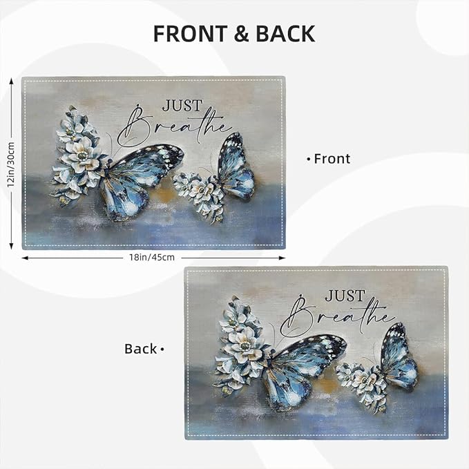 Blue Butterfly Placemats Set of 6, Farmhouse Country Rustic Just Breathe Place Mats Washable Double-Sided Table Mats for Dining Room Home Party Indoor 6 PCS 12x18 Inch