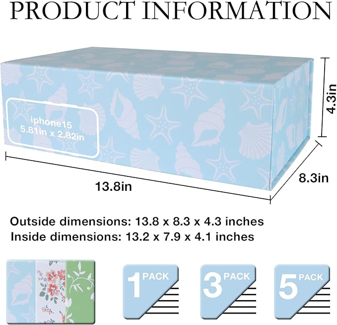 Blue Ocean Theme Gift Box with Magnetic Lids 13.8x8.3x4.4 in, Large Bridesmaid Proposal Boxes, Rectangle Wedding Decorative Storage Box 3 Pack