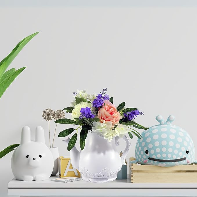 Artificial Flowers in Teapot Vase,Centerpieces Coffee Table Decor,Artificial Flower Arrangement for Home Party Office Wedding Kitchen Room