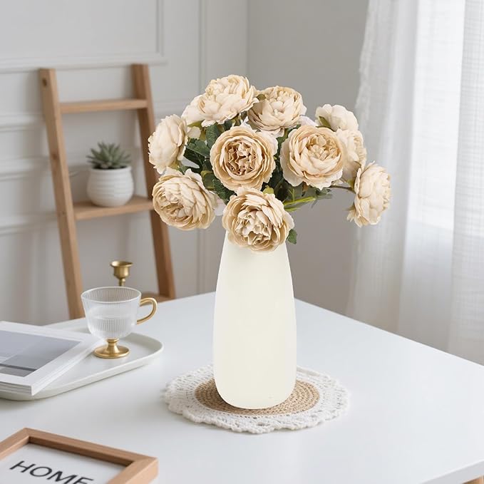 IPOPU 10pcs Beige Peonies Artificial Flowers Silk Peonies with Stems Real Look Fake Peony for Home Table Decorations Wedding Faux Flowers Arrangements