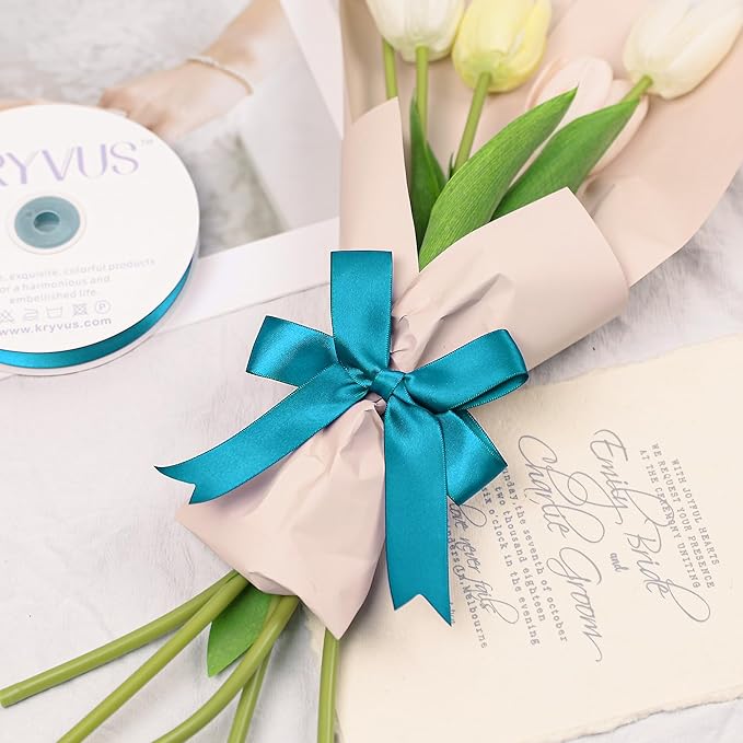 Turquoise Blue Satin Ribbon, Double Faced 1 Inch X 50 Yards Turquoise Ribbon, Premium Satin Ribbon for Gift Wrapping, Crafts, Hair Bow Making, Sewing, Flower Bouquet, Wedding Party Decor