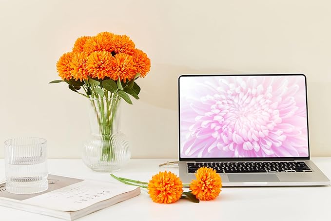 SITUMEIZI 12 Pcs Orange Artificial Chrysanthemums Flowers Ball Flower Fake Mums Silk for Fall Decor Halloween Thanksgiving Day Wedding Home Kitchen Decoration Floral Arrangement