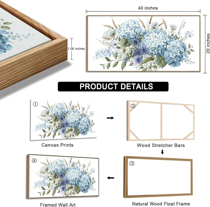 VEAEE Framed Flowers Canvas Wall Art - Blue Floral Canvas Pictures, Living Room Wall Decor, Blue Hydrangea Botanical Canvas Prints Painting Abstract Artwork Bedroom Office Home Decor 20"x 40"