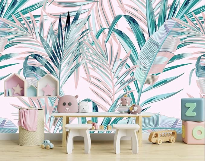 WFBHUA-Pink and Green Palm Leaf Wallpaper Large Self Adhesive Mural for Girls' Rooms 157“x108