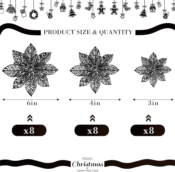 Boao Black 24 Pieces Poinsettia Flower Christmas Glitter Artificial Poinsettia with Clips Christmas Tree Ornament Decorations for DIY Xmas Wreath Holiday Home Party Decor, 3/4/6 Inches