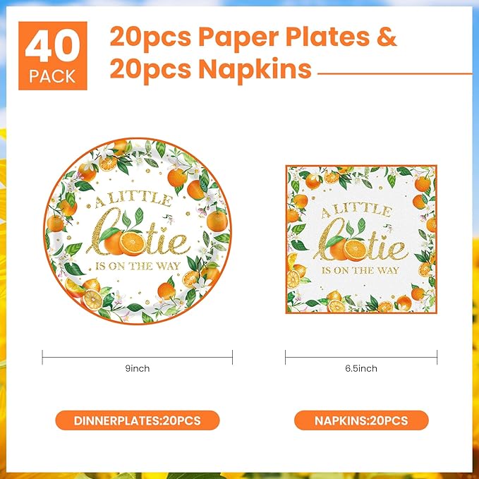 40 Pcs Little Cutie Baby Shower Plates and Napkins Party Supplies, Orange Cutie Birthday Party Decorations Disposable Paper Plates and Napkins A Little Cutie is on The Way Tableware Set Serves 20