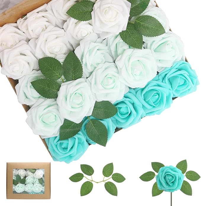 100PCS Artificial Flowers Green Series Roses Real Looking Foam Fake Roses with Leaves and for DIY Wedding Bouquets Bridal Shower Centerpieces Party Decorations (Green Series, 100)
