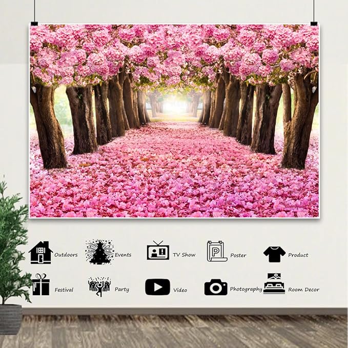 7x5ft Cherry Blossom Backdrop Romantic Pink Flower Tree Forest Falling Petal Tunnel Road Pathway Nature Natural Photography Background Wedding Bridal Shower Valentines Day Birthday Decor